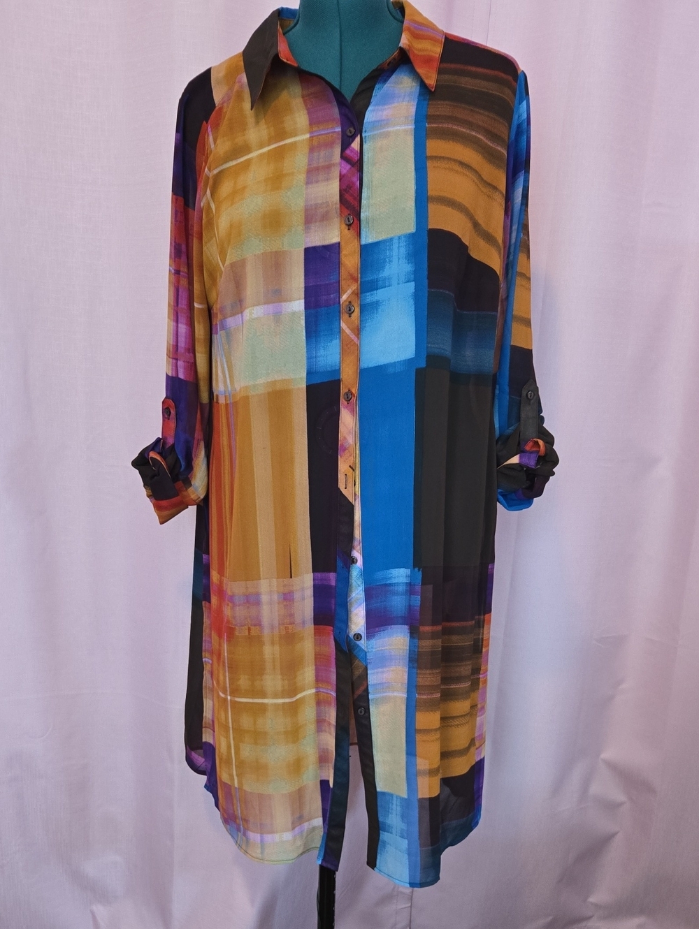 Multicolor Plaid Button-Front Shirt Dress - Duster Blue & Gold